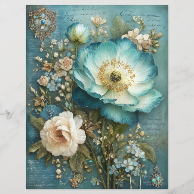 Teal Turquoise Flower Junk Journal Scrapbook Paper (Front)