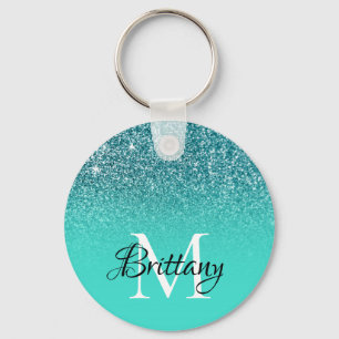 Teal Turquoise Glitter Ombre Monogram Key Ring