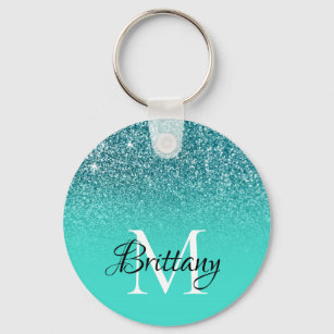 Teal Turquoise Glitter Ombre Monogram Key Ring