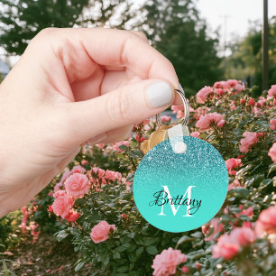 Teal Turquoise Glitter Ombre Monogram Key Ring