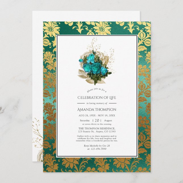 Teal - Turquoise & Gold Floral Celebration of Life Invitation (Front/Back)