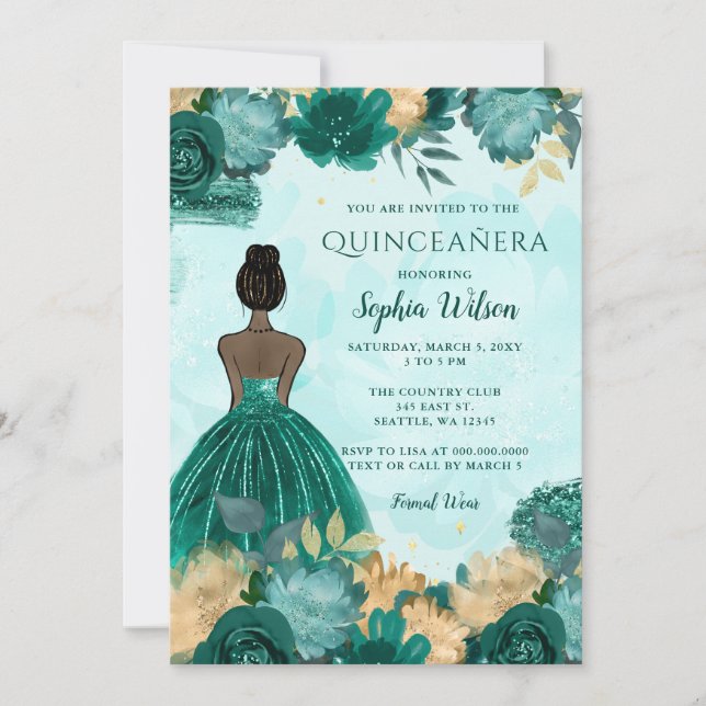 Teal Turquoise Gold Floral Princess Quinceañera  Invitation (Front)