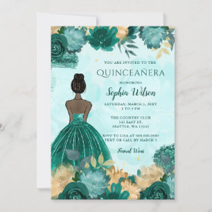 Teal Turquoise Gold Floral Princess Quinceañera  Invitation