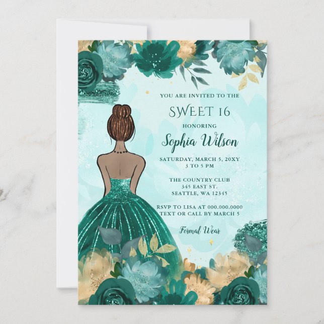 Teal Turquoise Gold Floral Princess Sweet 16 Invitation (Front)