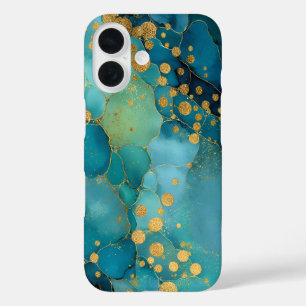 Teal, Turquoise & Gold Marble  iPhone 16 Case