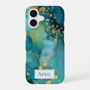 Teal, Turquoise & Gold Marble iPhone 16 Case