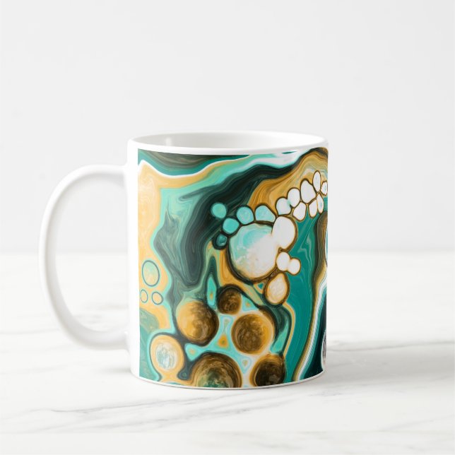 Teal, Turquoise, Gold, White Fluid Art Coffee Mug (Left)