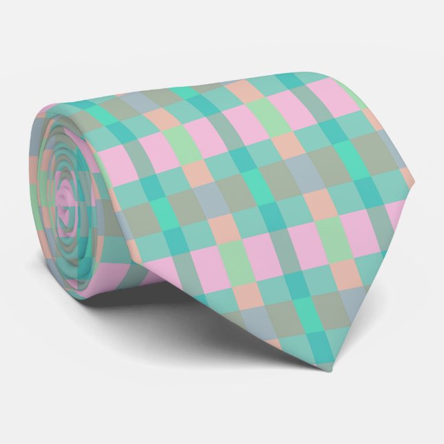 Teal Turquoise Green Blue Pink Pattern Neck Tie (Rolled)