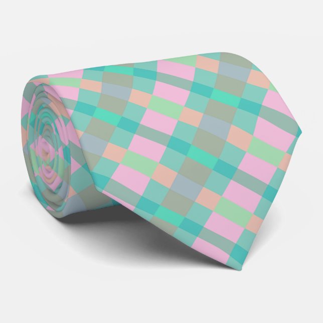 Teal Turquoise Green Blue Pink Pattern Neck Tie (Rolled)