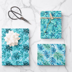 Teal & Turquoise Leaves Trio Wrapping Paper Sheet