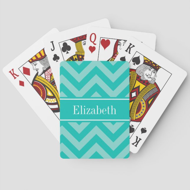 Teal Turquoise LG Chevron Teal Name Monogram Playing Cards (Back)