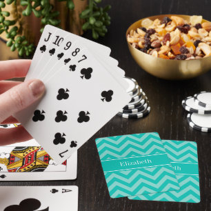Teal Turquoise LG Chevron Teal Name Monogram Playing Cards