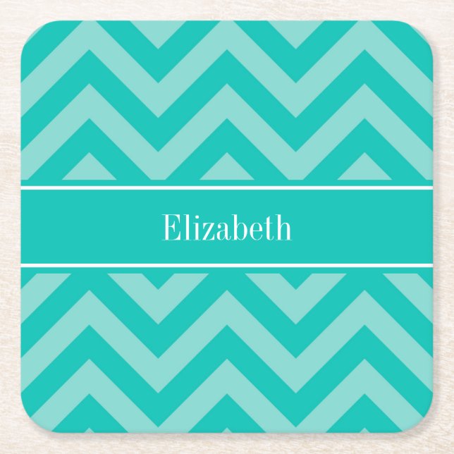 Teal Turquoise LG Chevron Teal Name Monogram Square Paper Coaster (Front)