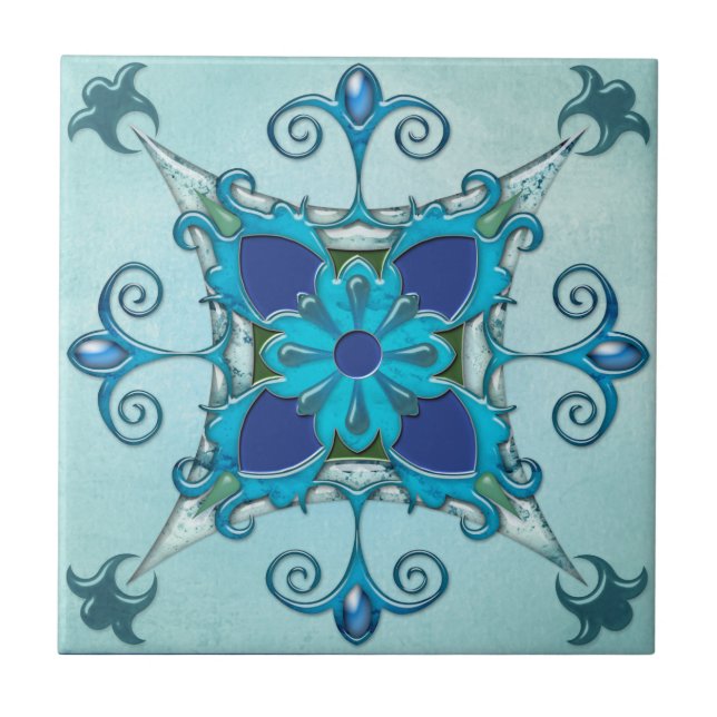 Teal Turquoise Mediterranean Design Tile (Front)