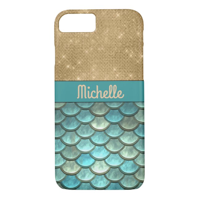 Teal Turquoise Mermaid Scales | Gold Glitter, Name Case-Mate iPhone Case (Back)