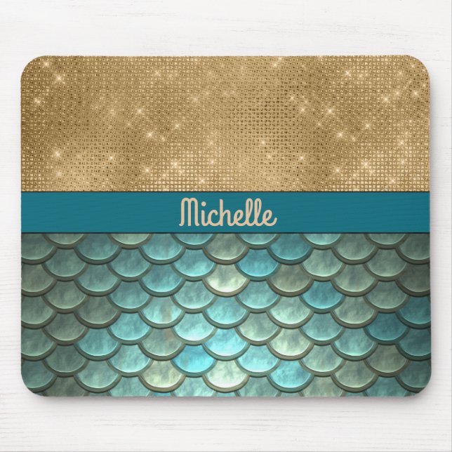 Teal Turquoise Mermaid Scales | Gold Glitter, Name Mouse Pad (Front)
