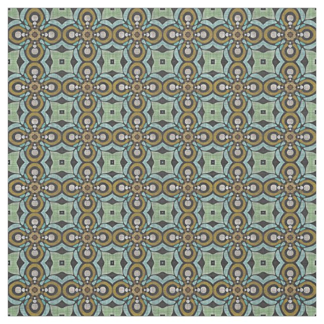 Teal Turquoise Ochre Retro Nouveau Deco Pattern Fabric (Swatch)