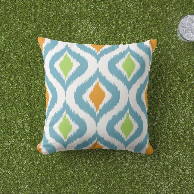 Teal Turquoise Orange Lime Green Ikat Drops Art Cushion (Grass)