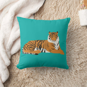 Teal Turquoise Orange Safari Tiger Animal Cushion