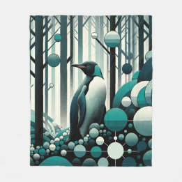 Teal Turquoise Penguin In The Art Deco Geometrical Fleece Blanket