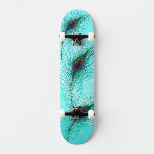 Teal Turquoise Purple Peacock Feathers Skateboard (Front)