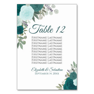 Teal Turquoise Roses Elegant Wedding Seating Chart Table Number