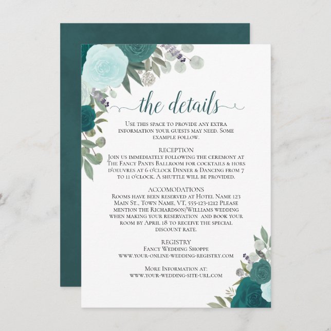 Teal & Turquoise Roses Rustic Wedding Details Enclosure Card (Front/Back)