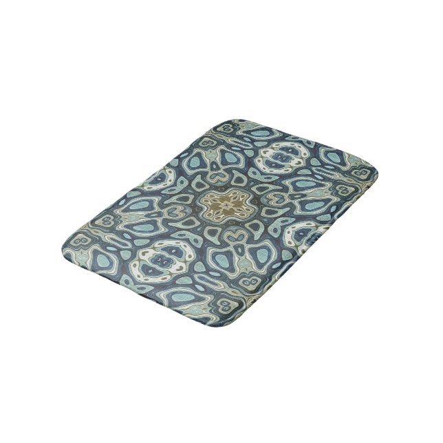 Teal Turquoise Seafoam Green Bali Batik Pattern Bath Mat (Angled)