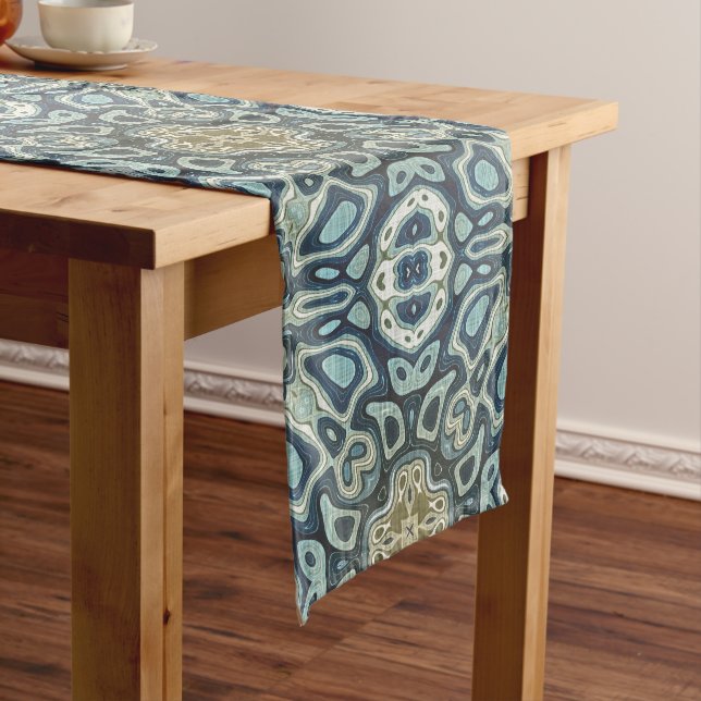 Teal Turquoise Seafoam Green Bohemian Tribe Art Medium Table Runner (In Situ)