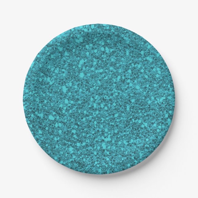 Teal Turquoise Sparkle Glitter Glam Custom Party Paper Plate (Front)