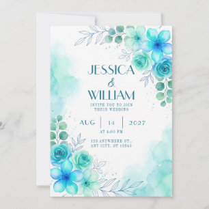 Teal Turquoise Watercolor Rose Wedding Invitation