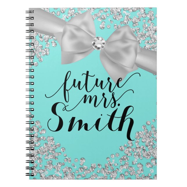 Teal Turquoise White Bow Diamond Bling Future Mrs. Notebook (Front)