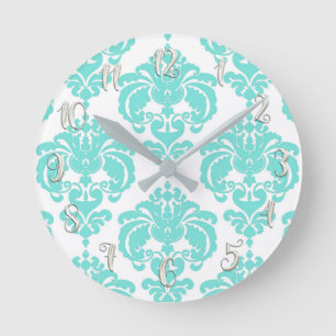 Teal Turquoise & White Damask Modern Personalised Round Clock