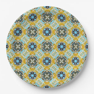 Teal, Turquoise, Yellow, & Grey Gemstones Pattern Paper Plate