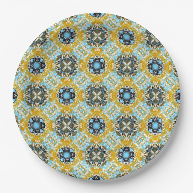 Teal, Turquoise, Yellow, & Grey Gemstones Pattern Paper Plate (Front)