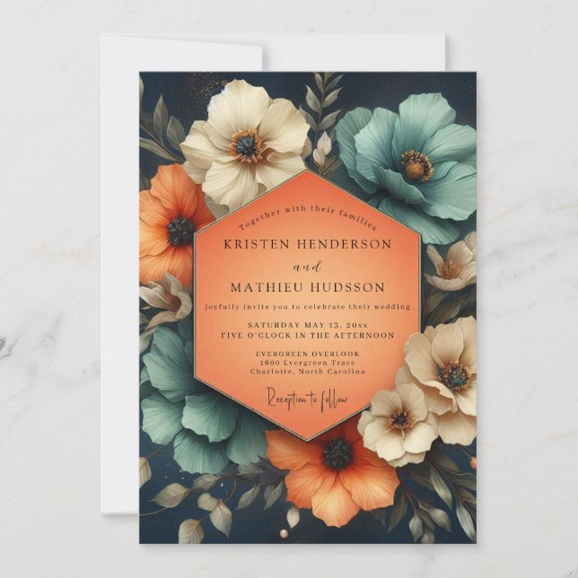 Teal Umber Floral Wedding Invitation (Front)