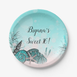 Teal Under the Sea Shells Beach Sweet 16 Party Paper Plate