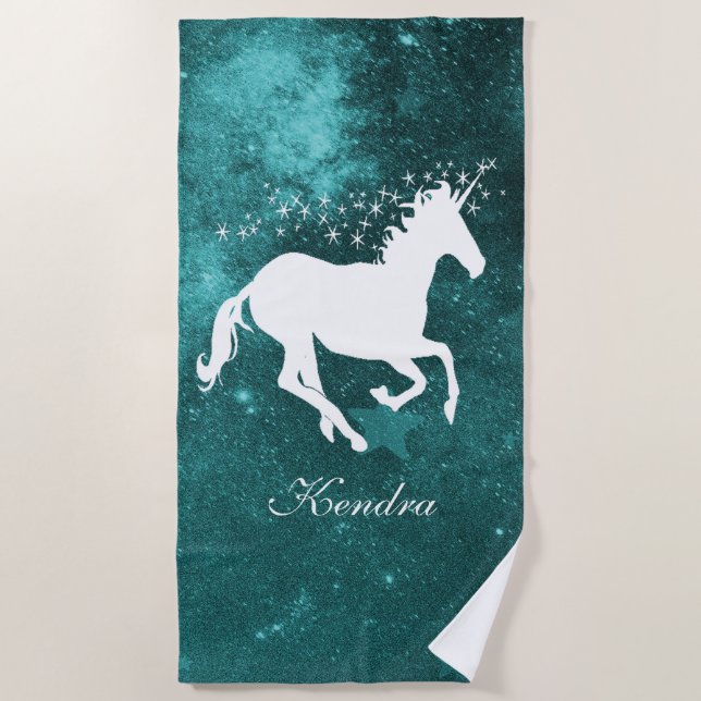Teal Unicorn Personalised Beach Towel (Front)
