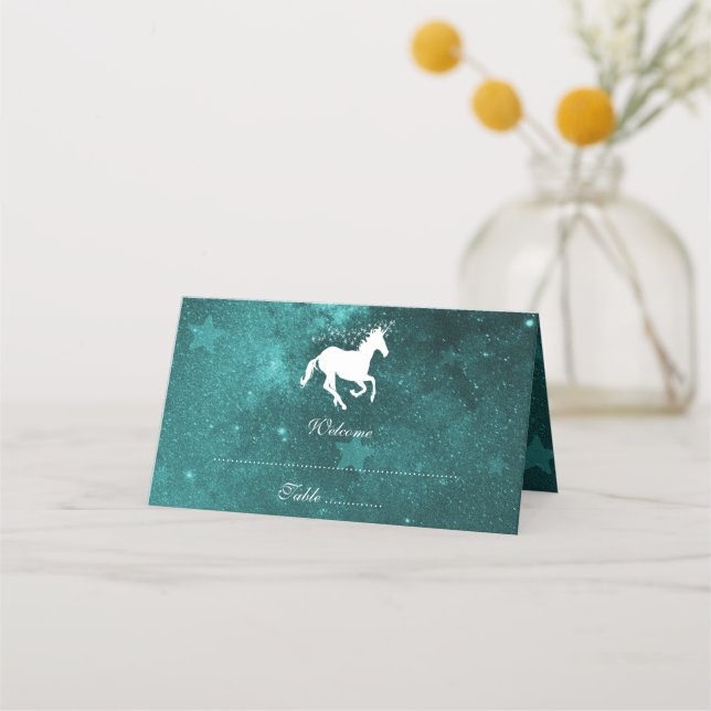 Teal Unicorn Reception Place Card (Front)
