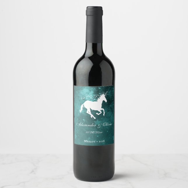 Teal Unicorn Wedding Wine Label (Front)