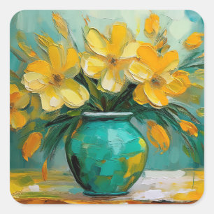 Teal Vase of Yellow Flowers Square Stickers