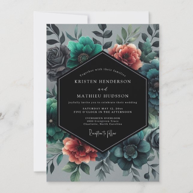 Teal Venetian Flora Wedding Invitation (Front)