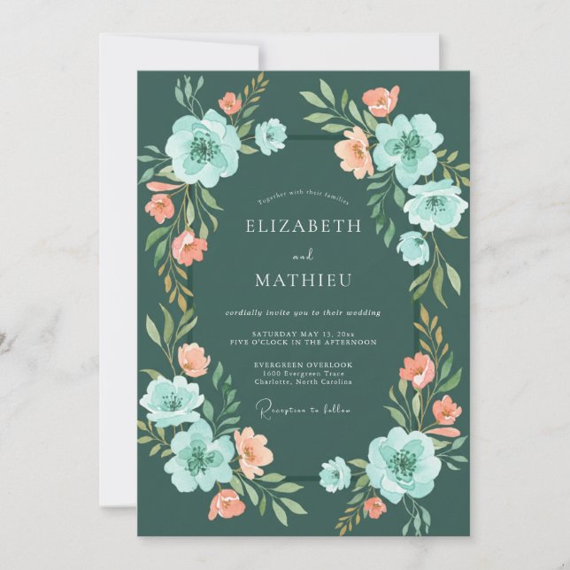 Teal Verdant Floral Romance Wedding Invitation (Front)