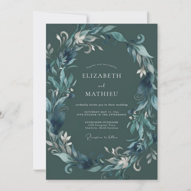 Teal Verdant Laurel Wedding Invitation (Front)