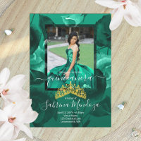 Teal Verde Green Quinceanera Gold Tiara Invitation