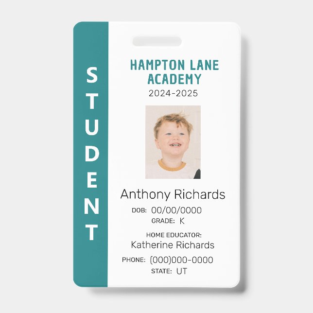 Teal Vertical Stripe Homeschool Student ID Badge (Front)