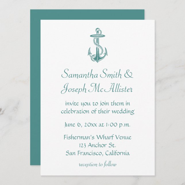 Teal Vintage Anchor Nautical Wedding Invitation (Front/Back)