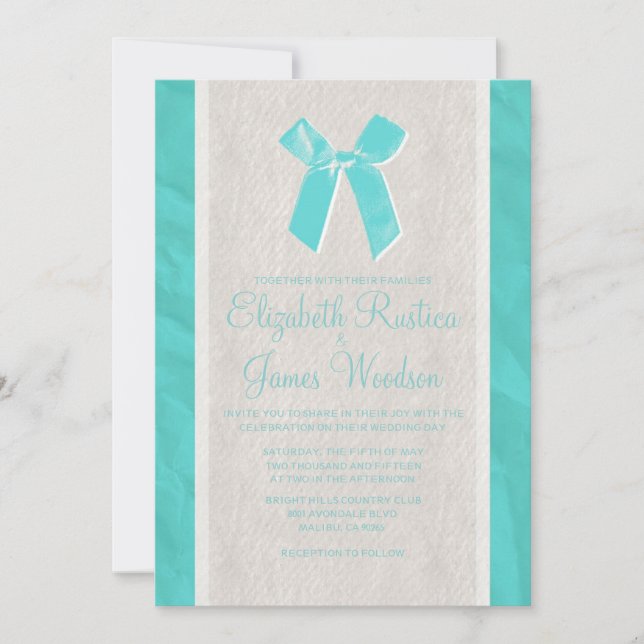 Teal Vintage Bow & Linen Wedding Invitations (Front)