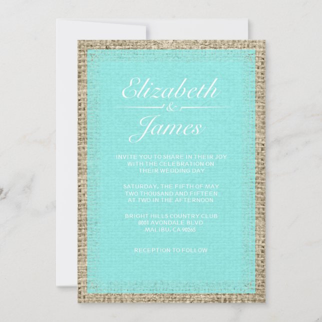 Teal Vintage Burlap Wedding Invitations (Front)