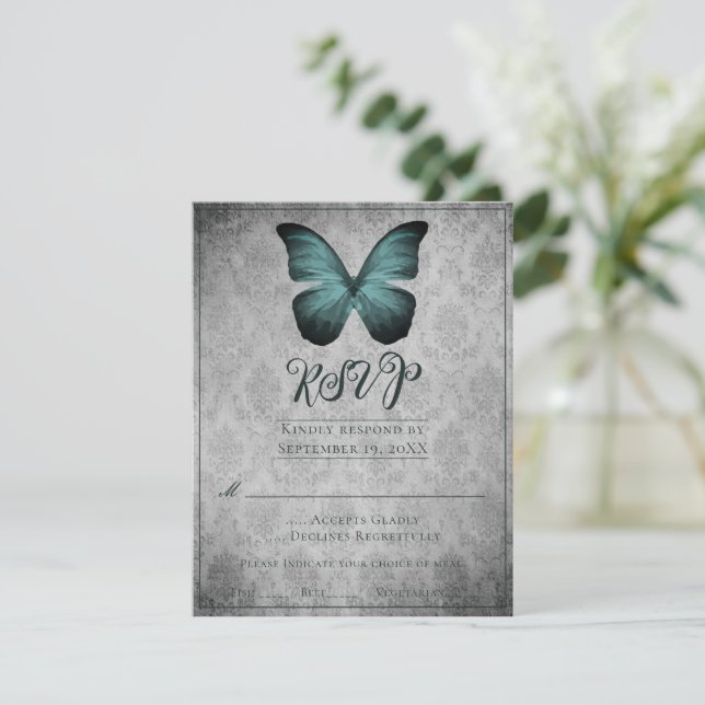 Teal Vintage Butterfly Damask Wedding RSVP (Standing Front)